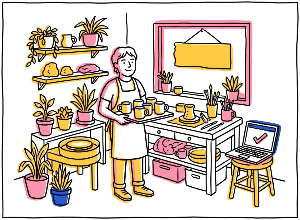 Drawing of a maker in their studio holding a tray of mugs