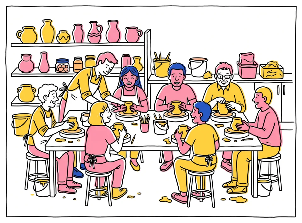 Drawing of a team of colleagues at a pottery class table
